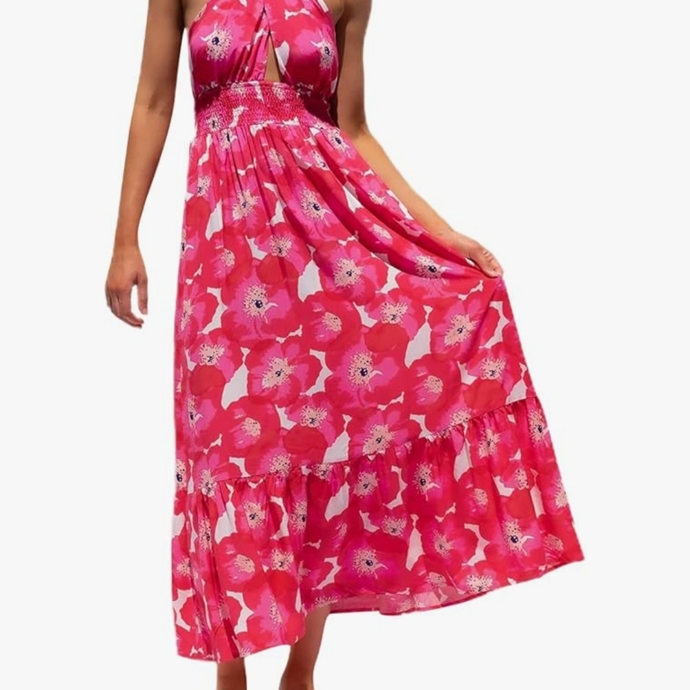 Floral Halter Maxi Dress in Pink and Red